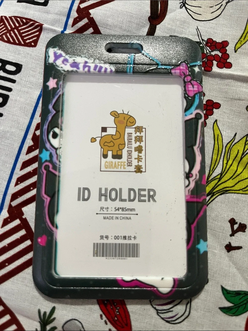 Floral Black ID Card Holder with Pink Accents